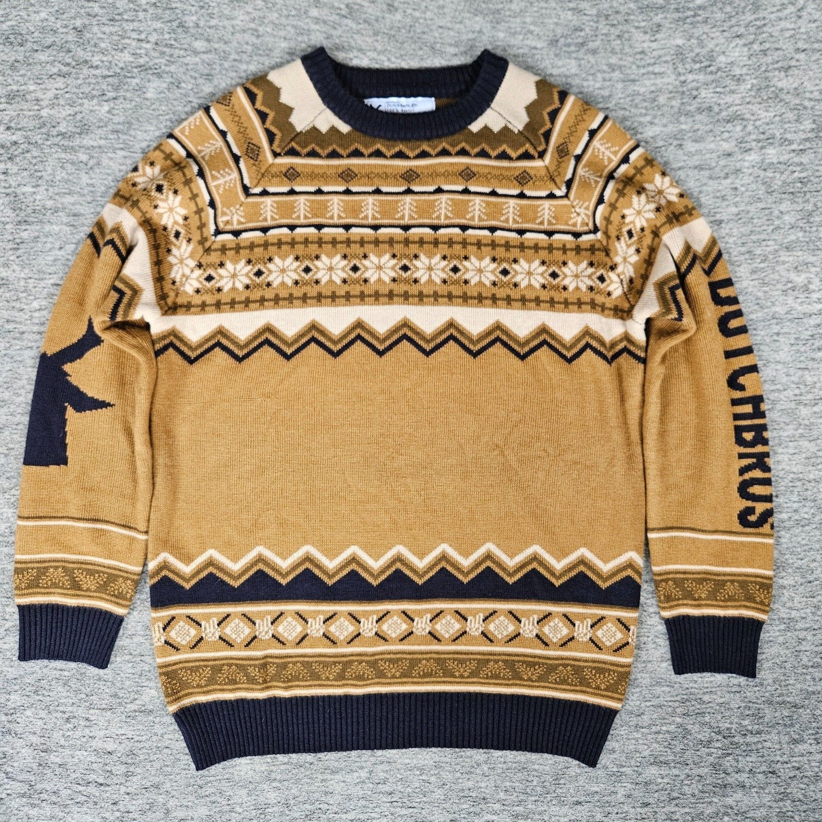 Dutch Bros Coffee Sweater Mens Large Fair Isle Holiday Crewneck Pullover Tan